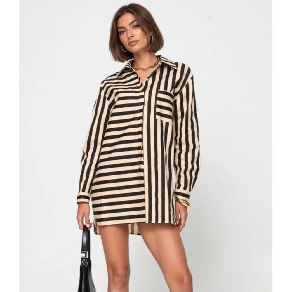 Princess Polly Hancer Shirt Dress Black Cream Striped Cotton Mini US 4 NEW